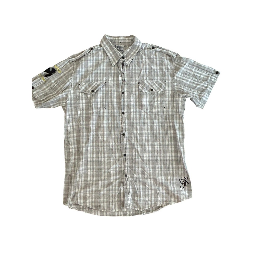 Songs of Freedom Plaid Button Down Shirt Mens XXL Gray Distressed Y2K Streetwear